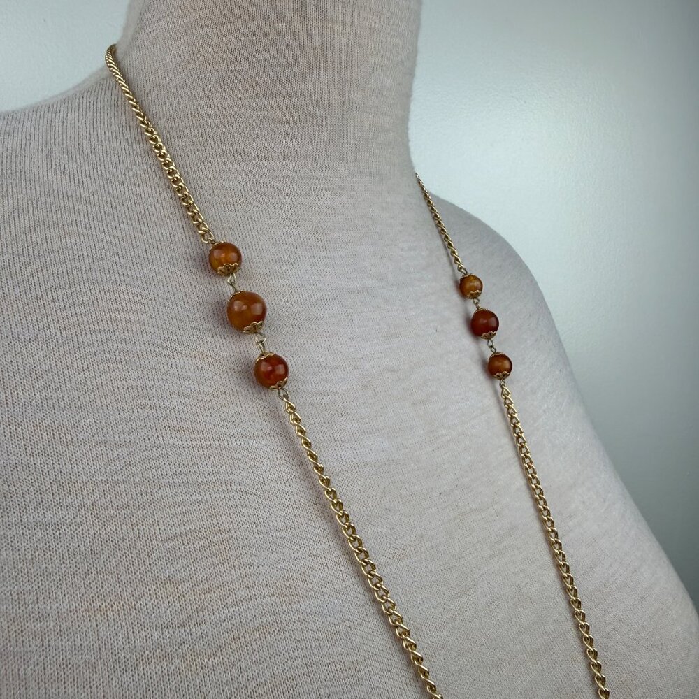 Vintage Lucite Amber Station Beads Gold Tone Chain Necklace 45" - Picture 5 of 6